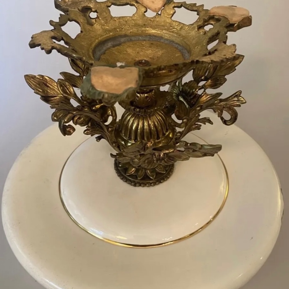 Vintage Floral Porcelain Brass Base Bowl - Picture 5 of 7
